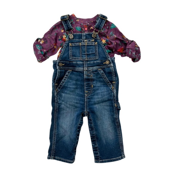 Baby Gap Denim Overalls + Mexx Floral Blouse Bundle - Picture 1 of 7